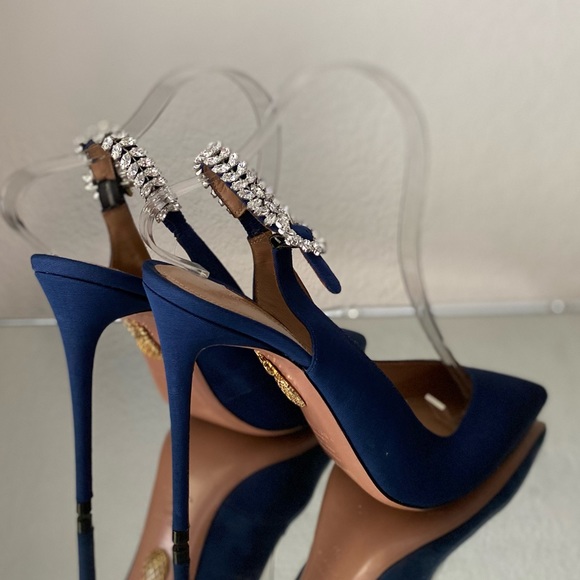 New ๐ Aquazzura Blue Portrait Of A Lady Embellished Slingback Pumps 40 - Picture 4 of 15